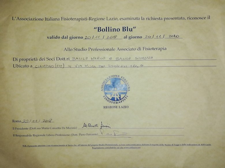 Attestato di conferimento del Bollino Blu dell'AIFI-Lazio a Fisiobaso